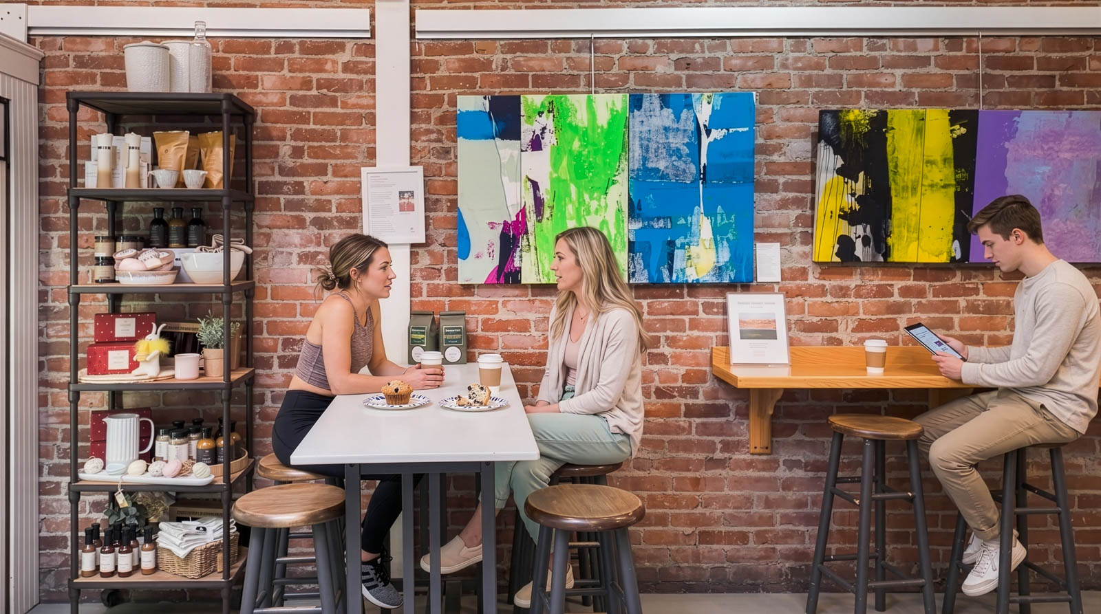 Two women sitting at a white table conversing in a café with exposed brick walls, while a man sits alone at a wooden wall-mounted table reading a tablet, with colorful abstract paintings displayed on the wall and a black shelving unit filled with retail products on the left.